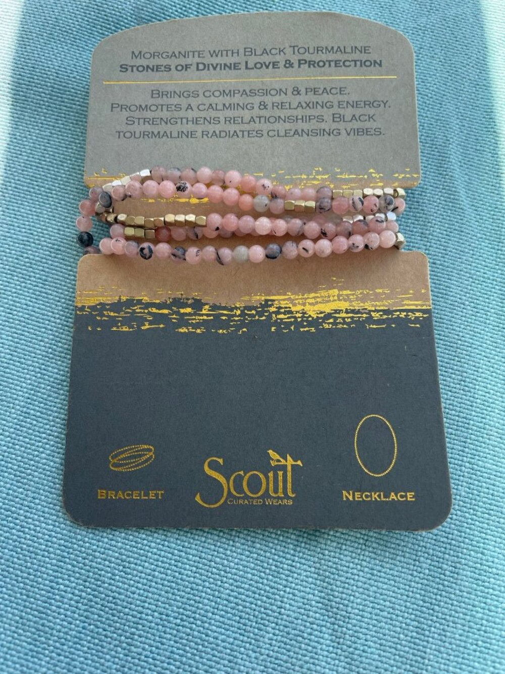Scout Necklace Morganite and Black Tourmaline wrap bracelet 35 inches, NWT
